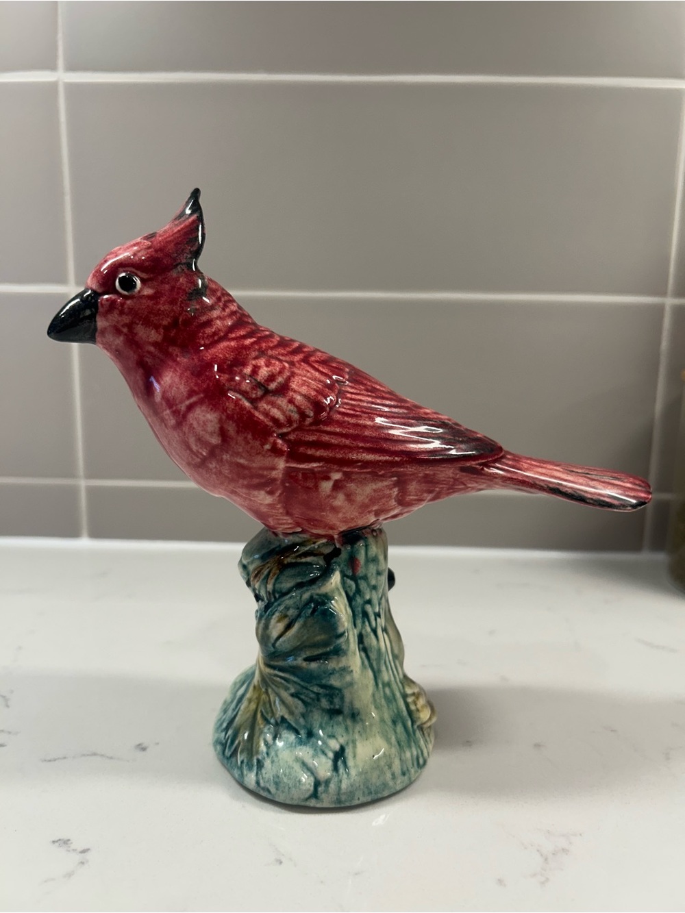 Tano Red Ceramic Cardinal on Glazed Green-Blue Base